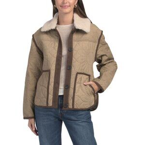 AVEC LES FILLES Vintage Khaki Floral Quilted Jacket With Faux Fur Collar